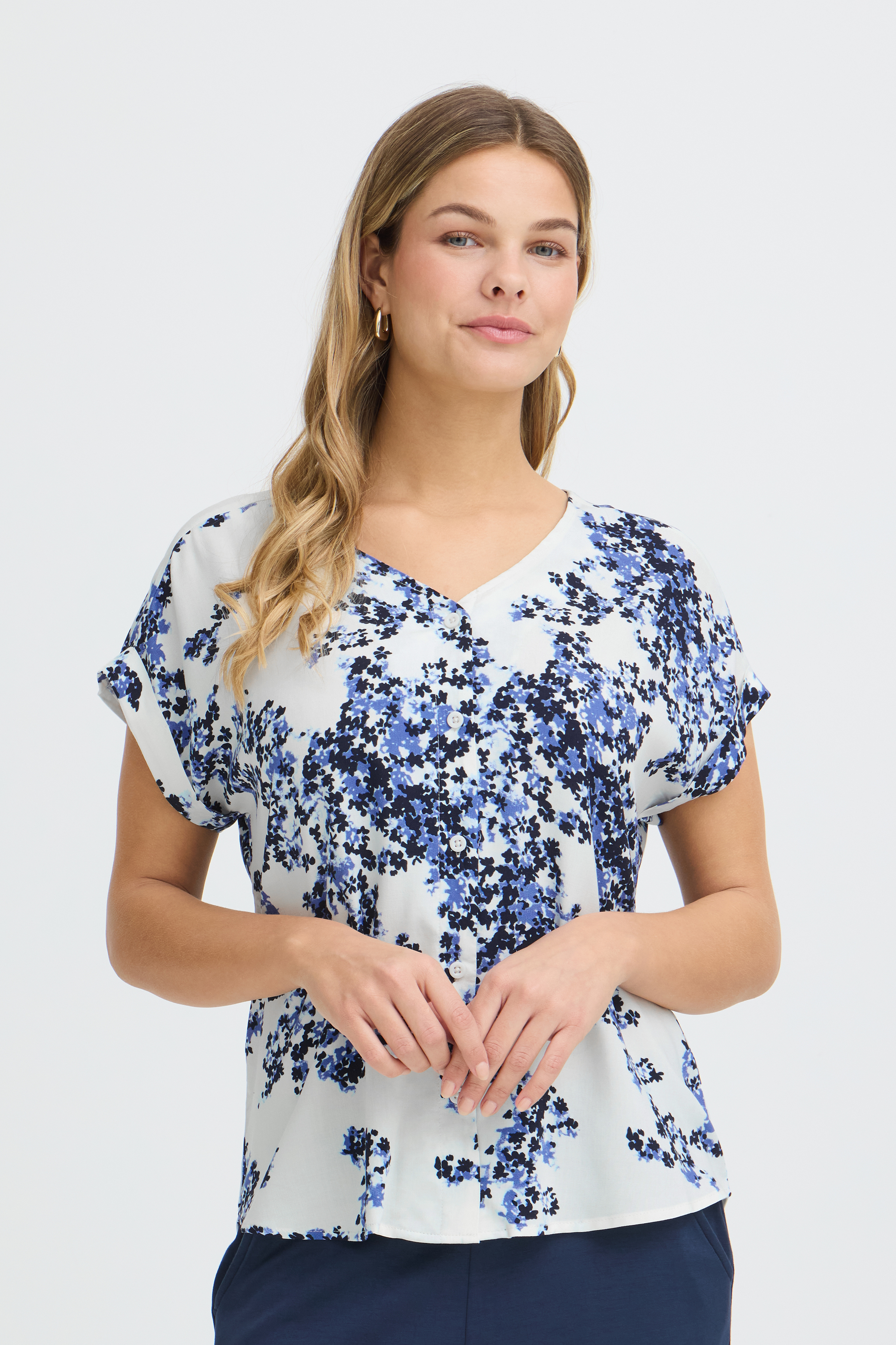 FRANSA FRHEAT BLÅ BLOMST BLUSE